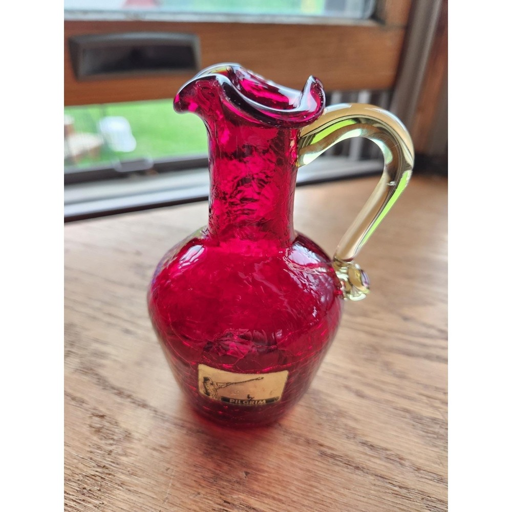 Vtg Pilgrim Handmade Crackle Ruby Red‎ Glass Gold Handled Pitcher Vase Sticker